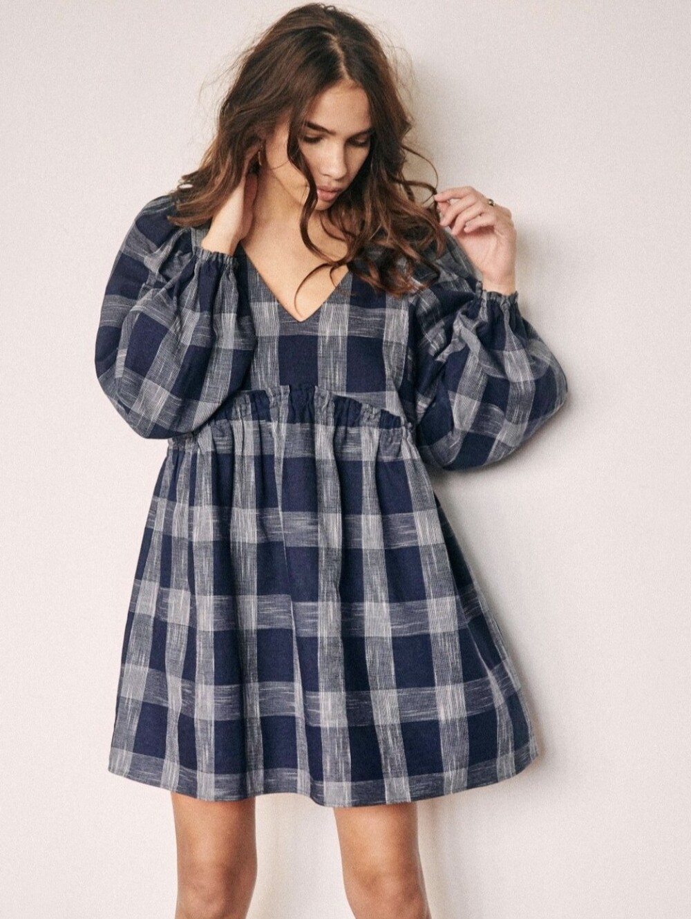 Sézane Evana Dress Navy Plaid Linen Blend Babydoll Dress 40 NWOT